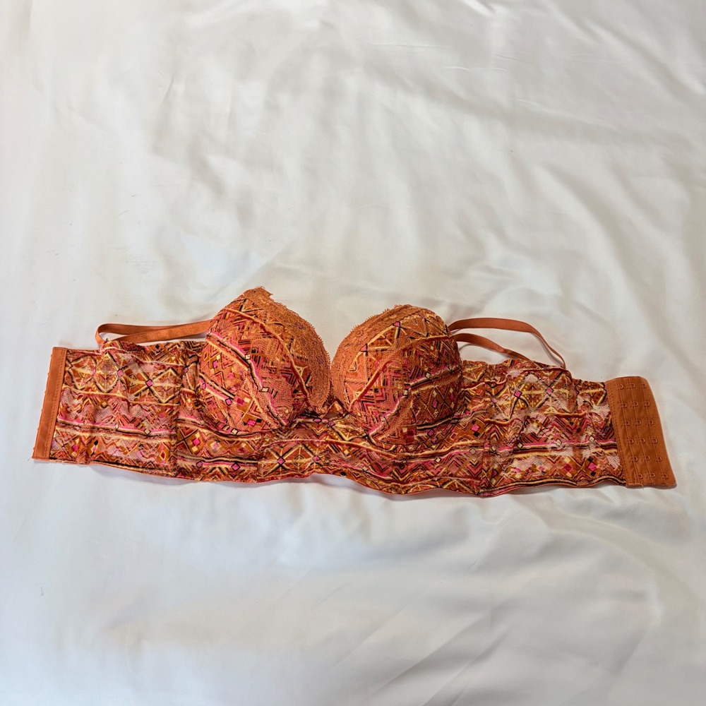 Black Fuchsia by Secret Lace Orange Pink Geometric Longline Push Up Bra 34C